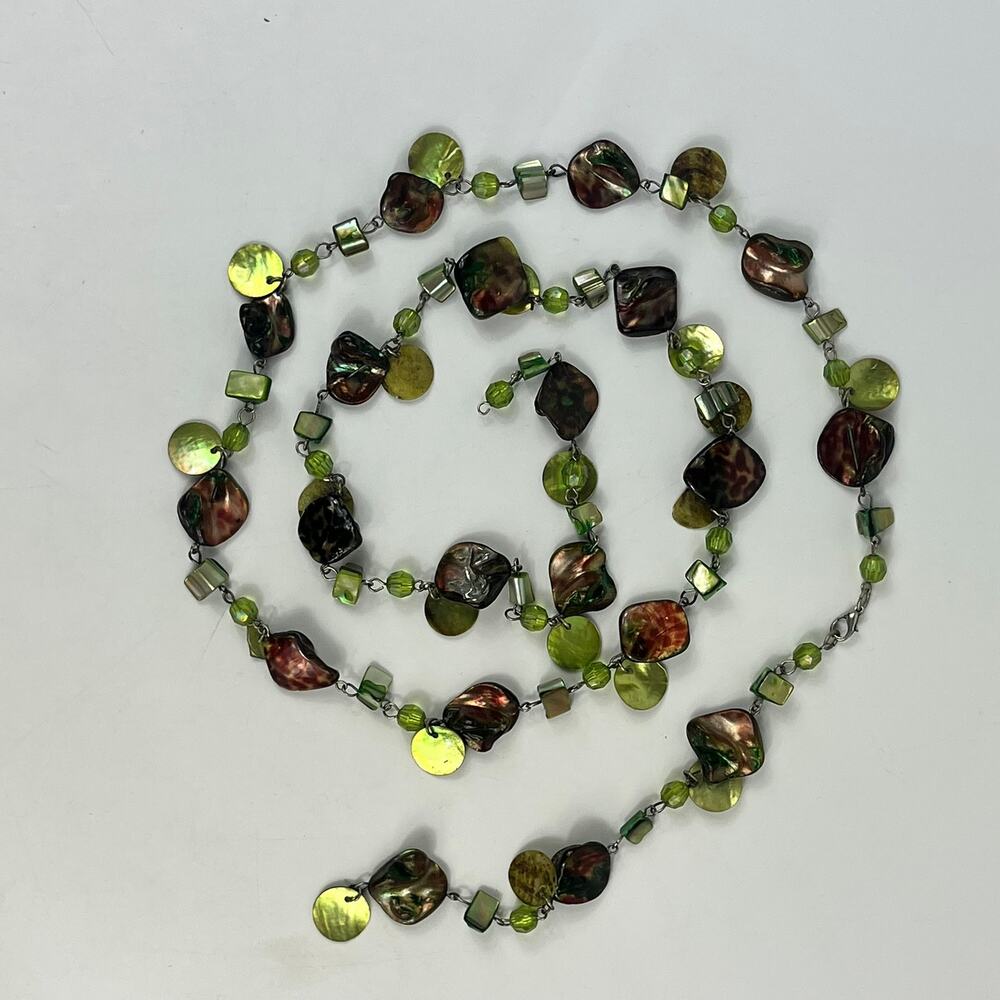 Green Abalone Shell Necklace and Earrings NO CLASP 42" MOP Handmade Boho Unique - Picture 5 of 5